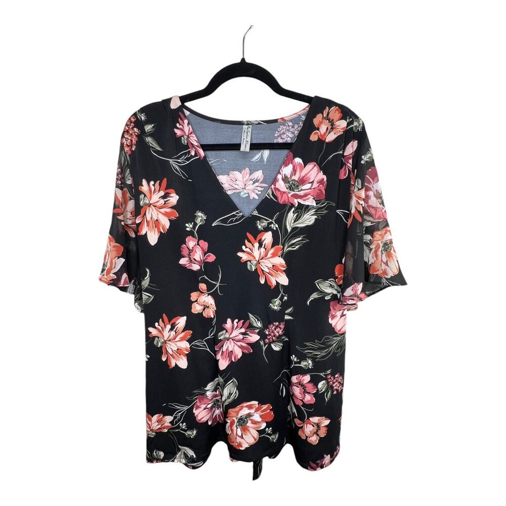 PerSeption Womens Black Floral Tie Back Blouse Size 2X